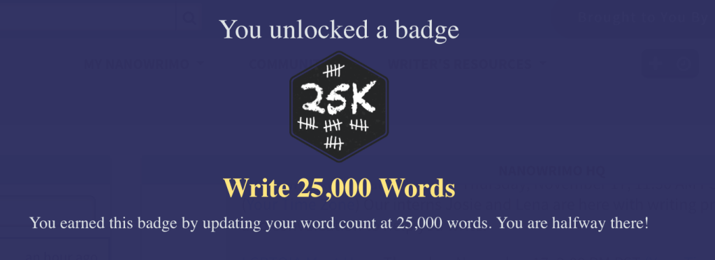 nanowrimo website badge for writing 25,000 words
